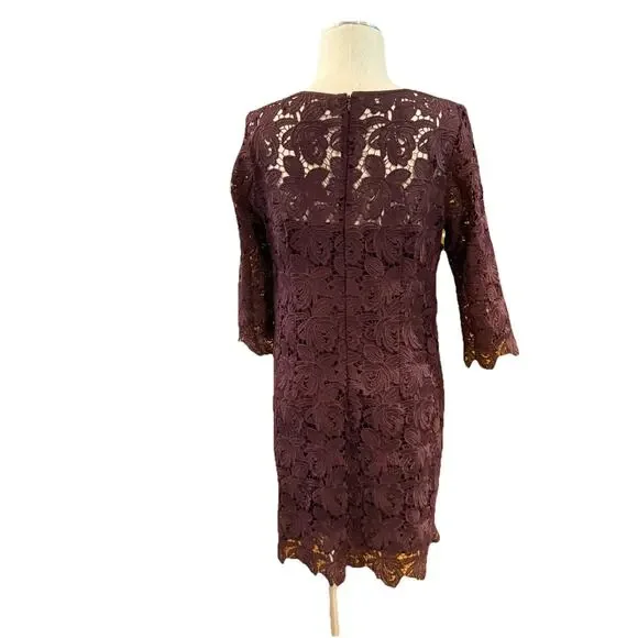 Loft Shift Dress Womens Size 8 Fig Maroon Lace Floral 3/4 Sleeve Back Zipper - Picture 5 of 8